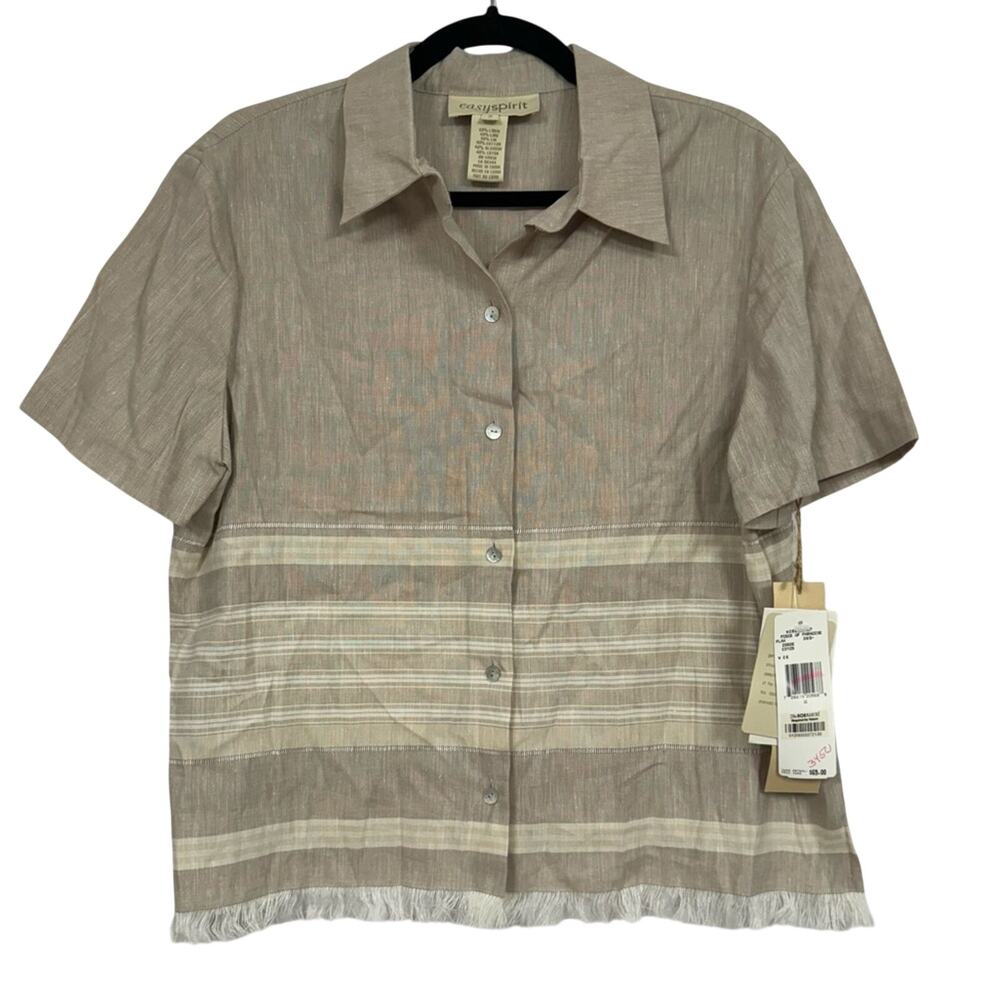 Vintage Beige & Cream Linen Button Down Shirt Womens 2 Short Sleeve Beachy Top